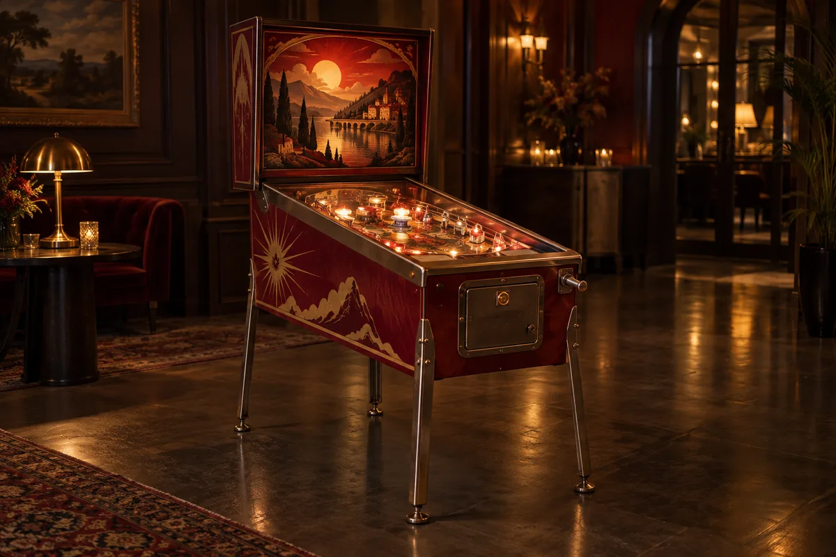 Flipper conceptuel rouge et chrome dans un salon chaleureux